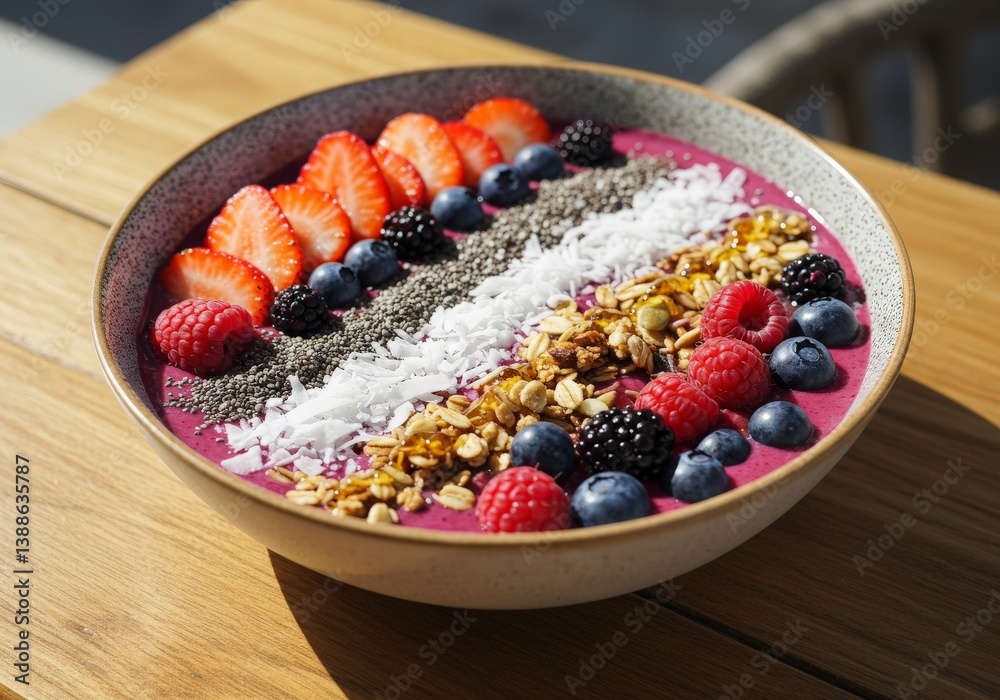 A sweet bowl of red berries and blueberries enhances a healthy breakfast of fruit and cereal