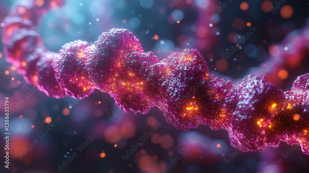 Abstract, twisting pink cord with glowing orange points, against a dark bokeh background Abstract, twisting pink cord with glowing orange points, against a dark bokeh background