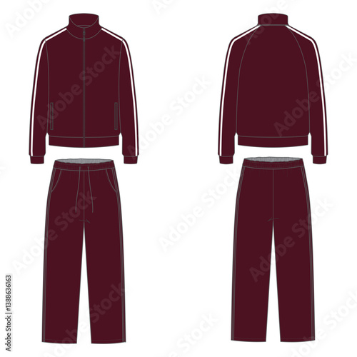 blank burgundy tracksuit template vector tops and bottoms, front and back views