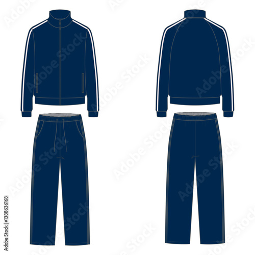 blank navy blue tracksuit template vector tops and bottoms, front and back views