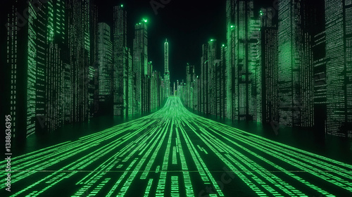 Obraz w ramie Digital city road made of binary code creating matrix effect