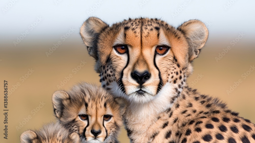 Close-up of a cheetah mother and cub. Focused on the mother's expressive face and spotted coat, while a young cub is partially visible Close-up of a cheetah mother and cub. Focused on the mother's expressive face and spotted coat, while a young cub is partially visible