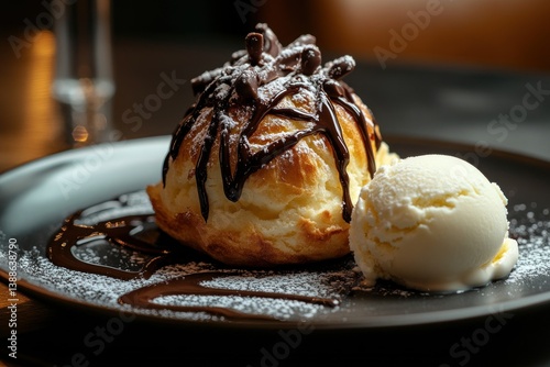 A beautifully plated dessert featuring a chocolate covered puff pastry