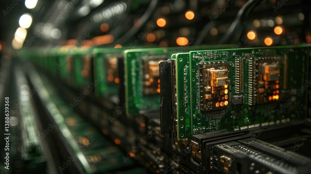 Obraz premium Detailed image of a server farm showcasing its electronic components in rows