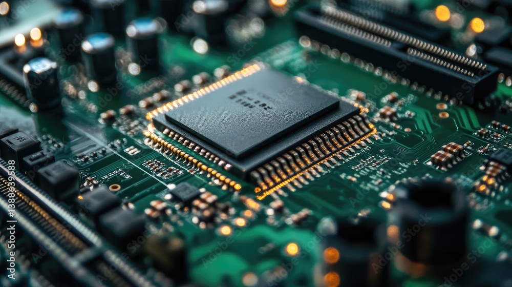 Detailed photograph showcasing a close up view of a circuit board Detailed photograph showcasing a close up view of a circuit board