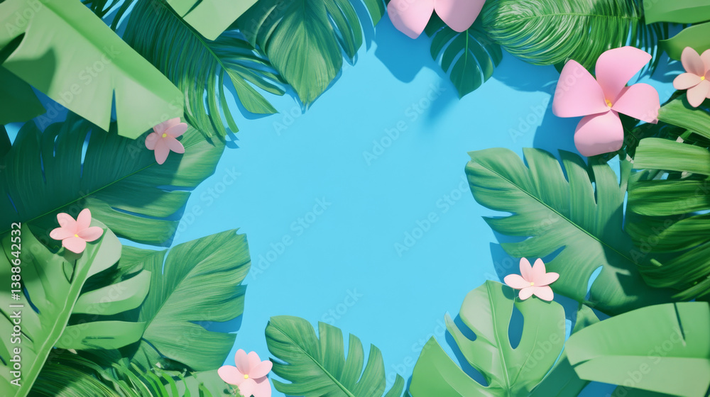 Naklejka premium tropical leaves and flowers on blue background