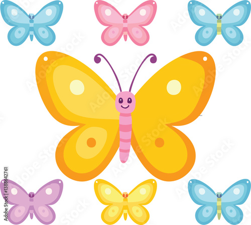 Set of smiling multicolor butterfly clipart. Vector illustration of butterfly cartoon collection on white background