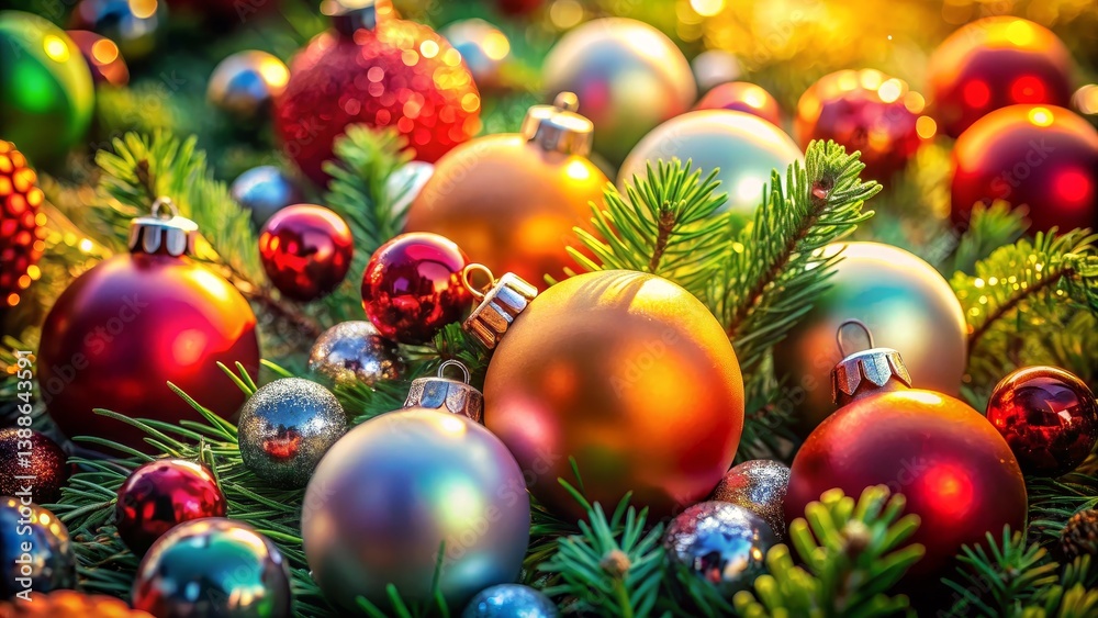 Festive Christmas Ornaments on Evergreen Branches Festive Christmas Ornaments on Evergreen Branches