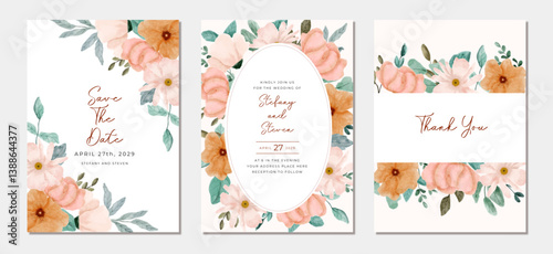 wedding invitation card peach orange floral watercolor
