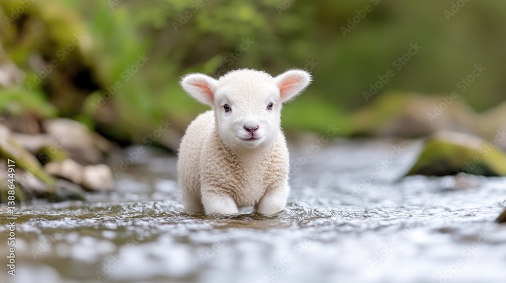 Obraz premium A fluffy white lamb stands in a shallow stream. The lamb is the focal point, with a blurred natural background. The image is high-quality, showing the lambs soft fur in detail. It has a peaceful, idy