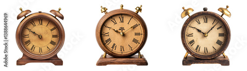 Set of vintage wooden desk clock with Roman numerals and brass details isolated on a white or transparent background.