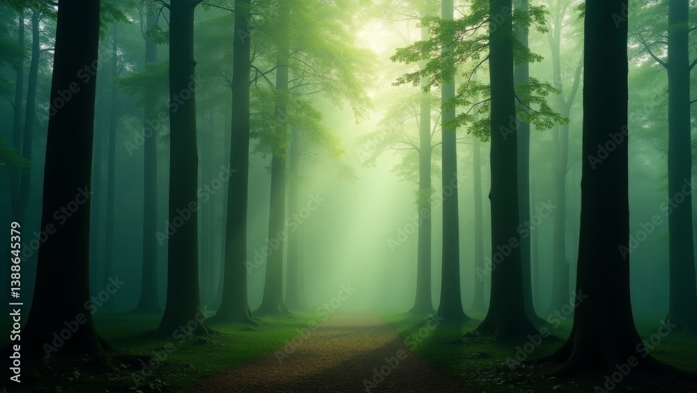 Naklejka premium Forest with towering trees bathed in misty morning light, rich green tones, ethereal atmosphere, desktop wallpaper