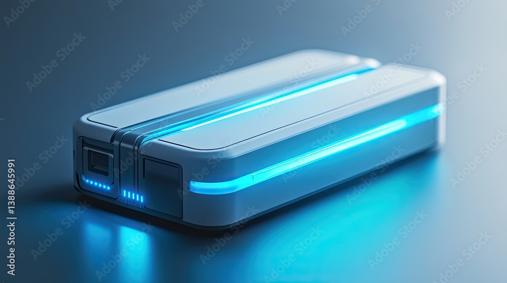 A futuristic power bank with illuminated neon blue lights A futuristic power bank with illuminated neon blue lights