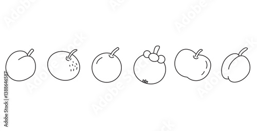 Fruit icon. Line icon of fruits. Includes apricot, orange, mangosteen, apple, plum and peach fruit images. Fruits vector illustration icon. Icon set editable stroke
