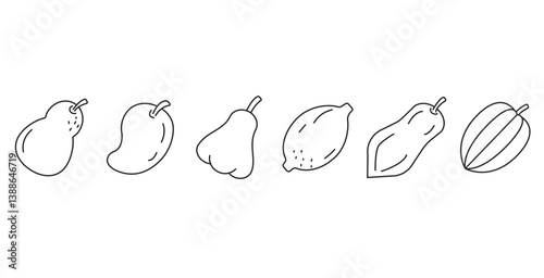Seeded fruit icon. Line icon of fruits. Includes pear, mango, cashew, coconut, papaya and starfruit images. Fruits vector illustration icon.