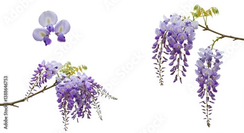 Elegant wisteria blossoms in serene arrangement against stark white canvas
