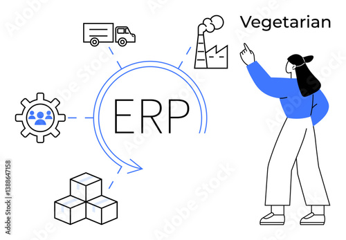 Female pointing at ERP cycle surrounded by factory, cargo truck, teamwork gear, and cube stack. Ideal for business, manufacturing, logistics, management, supply chain planning digital
