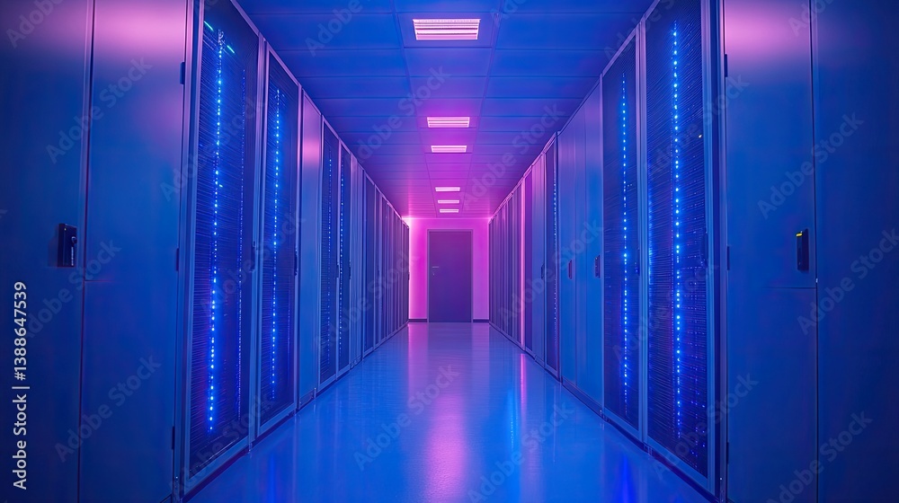 Fototapeta premium A Long Data Center Corridor Illuminated With Blue and Purple Lights