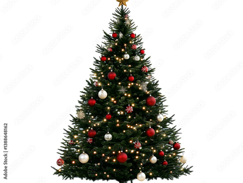 Christmas Tree Illustration With Red Gold Decorations Isolated On Black