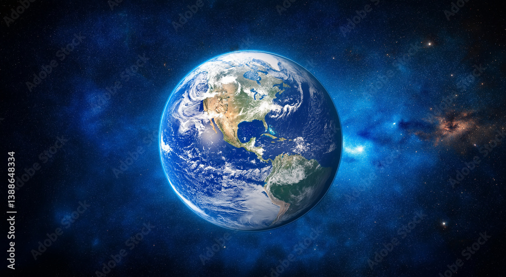 Fototapeta premium Beautiful Earth floating in starry space, cosmic universe background