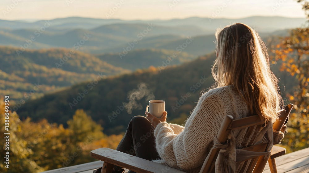 Woman in chair, overlooking valleys, warm drink, fresh air, adventurous escape.