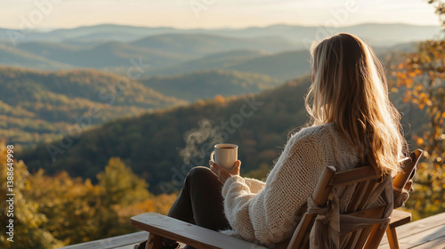 Obraz na płótnie Woman in chair, overlooking valleys, warm drink, fresh air, adventurous escape. w salonie