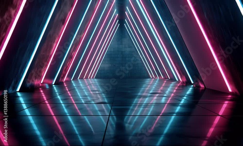 Triangles of magenta and cyan neon light form a perspective vanishing point over reflecting tiled floor in this dramatic abstract shot