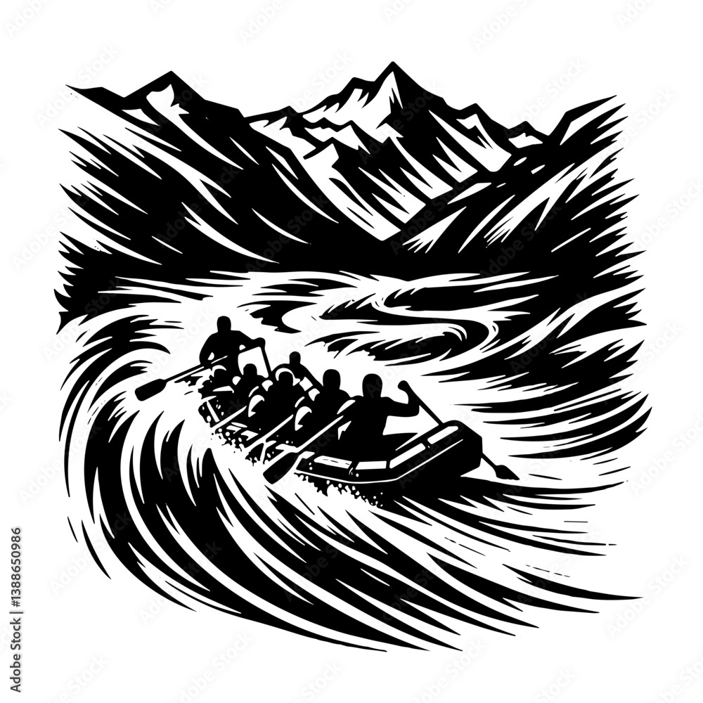 Fototapeta premium Group of rafters navigating rapids against mountain backdrop