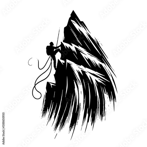 Mountain climber ascending rocky peak in black and white  