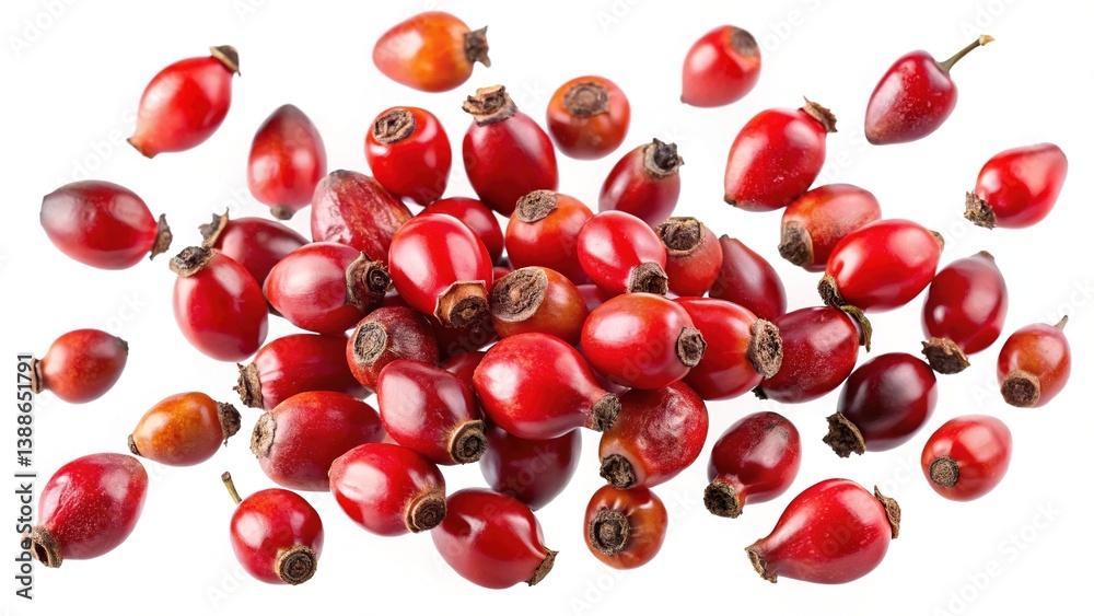A Collection of Vibrant Red Rosehips Scattered on White Background A Collection of Vibrant Red Rosehips Scattered on White Background