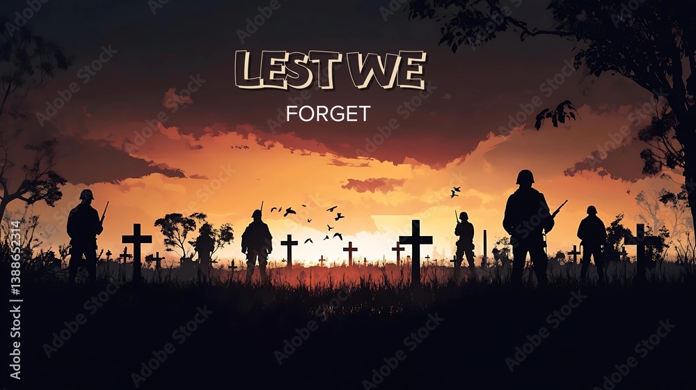 Fototapeta premium Sunset view of the war memorial with silhouettes of soldiers in the cemetery and the words 