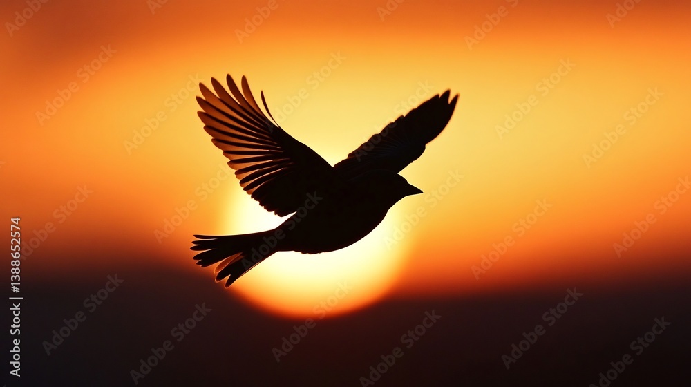 Obraz premium Stunning silhouette of a house sparrow flying against a deep orange sunset sky its shape outlined by the warm glow