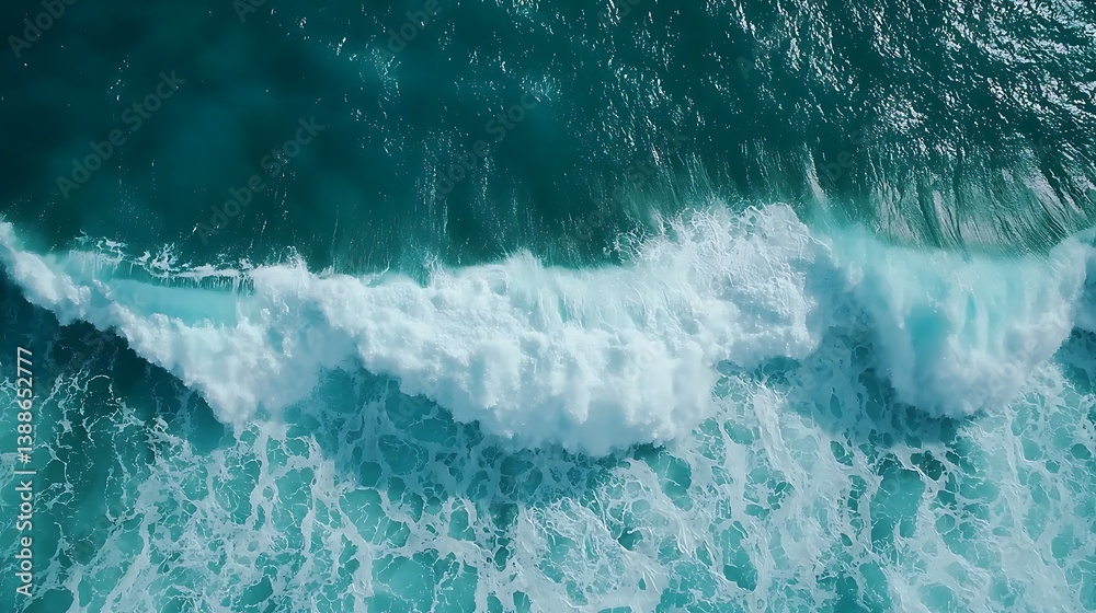 Obraz premium Aerial view of turquoise ocean waves crashing, showcasing dynamic textures and vibrant colors of water.