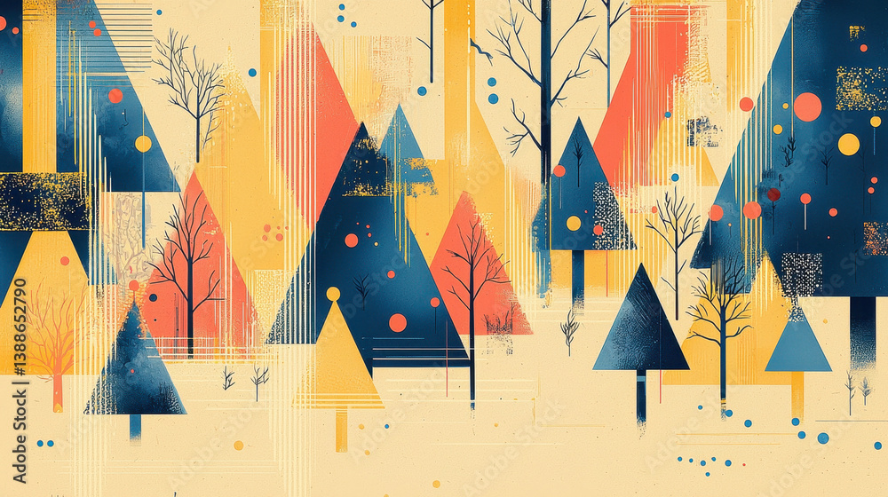 Obraz premium Abstract Illustration of a Vibrant Forest Canopy with Geometric Triangles in Yellow, Orange, and Blue, Featu Stylized Trees and Scattered Shapes