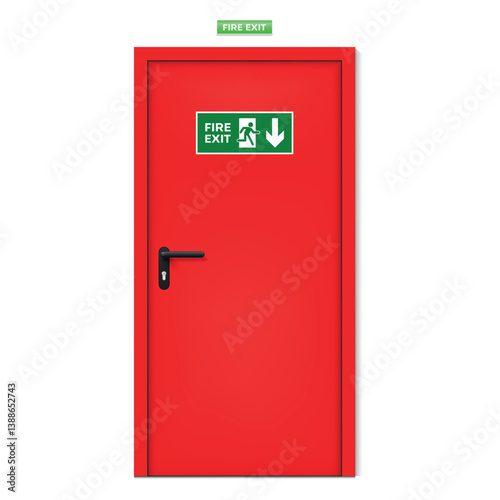 Red emergency exit door on white background with clear fire exit signs indicating safe escape route
