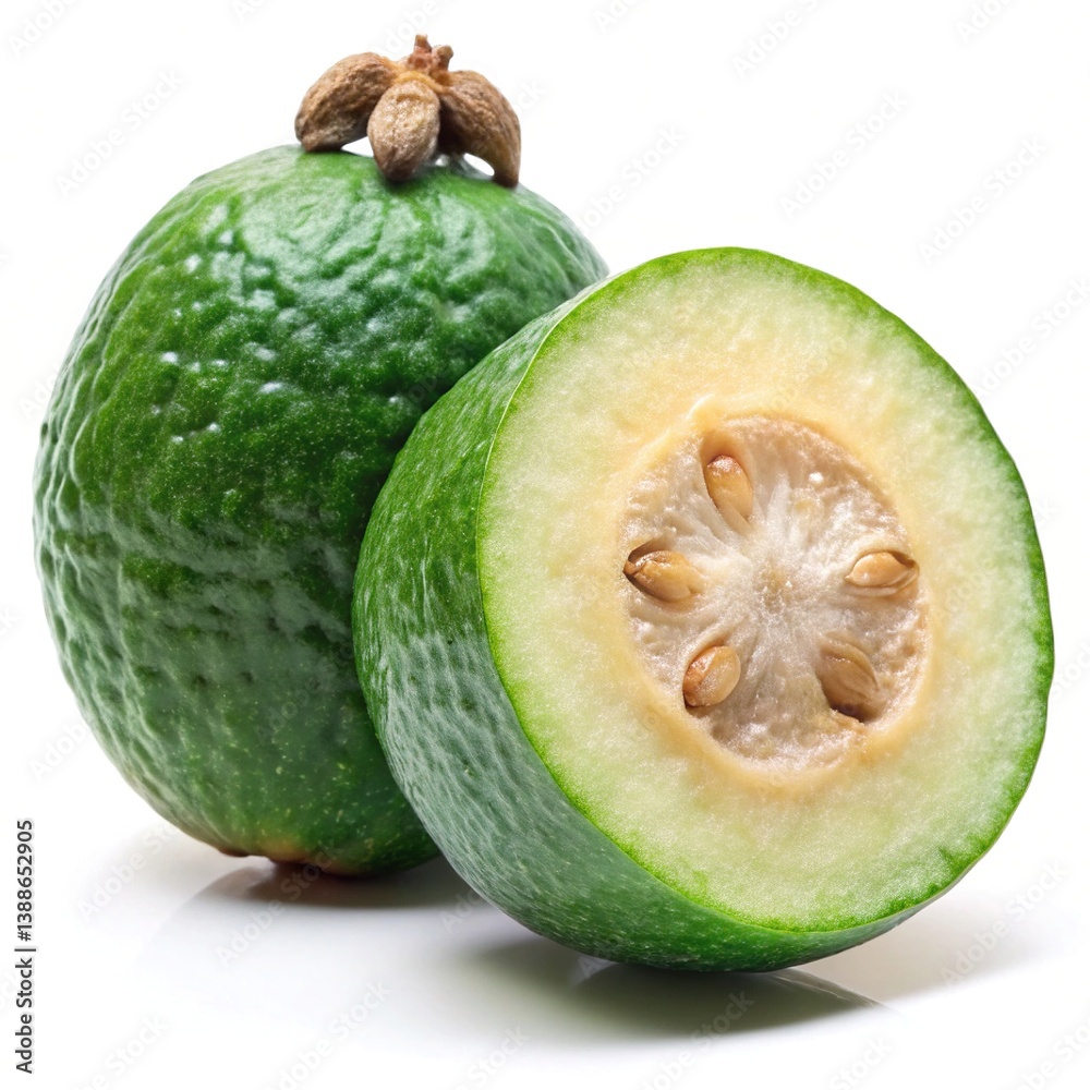 Two Fresh Green Feijoas One Whole One Halved Showing Seeds and Flesh Two Fresh Green Feijoas One Whole One Halved Showing Seeds and Flesh