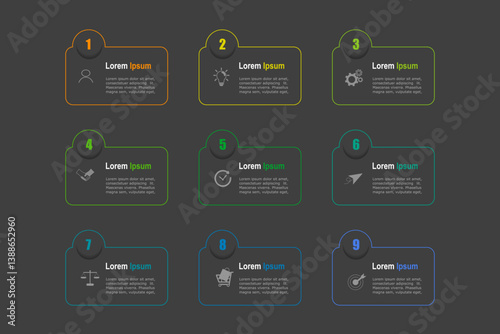 business concept with 9 steps infographics,  rectangle shape and multicolor label ,design for workflow layout, diagram, annual report, web design. vector