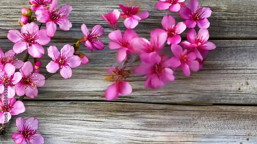 Pink blossoms frame rustic wood; spring floral background, card design Pink blossoms frame rustic wood; spring floral background, card design