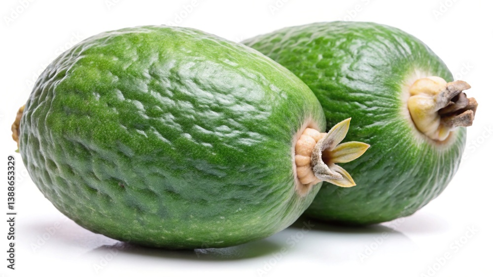 Two Fresh Green Feijoa Fruits Isolated on White Background Closeup View Two Fresh Green Feijoa Fruits Isolated on White Background Closeup View