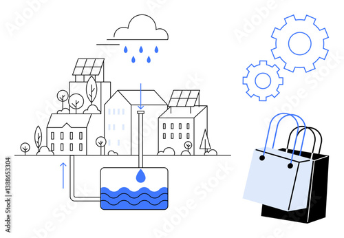 Buildings with solar panels and trees, rainwater collection system, clouds, gears, shopping bags. Ideal for sustainability, eco-friendly architecture, urban planning, renewable energy usage water