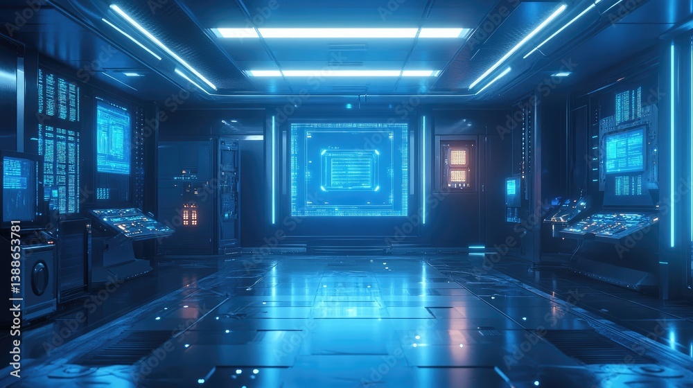 Fototapeta premium Futuristic data center room with glowing screens and technology