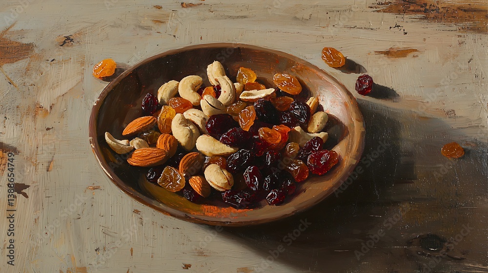 Fototapeta premium A bowl of mixed nuts and raisins sits on a wooden table