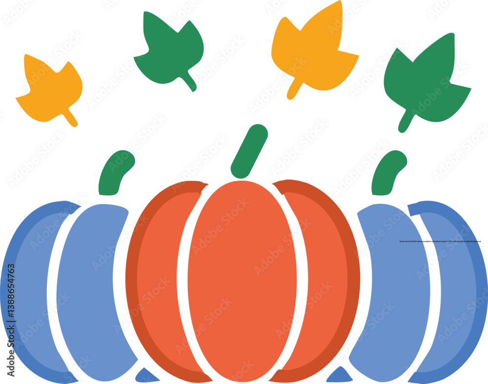 Vector set of colorful various pumpkins and autumn leaves in flat style isolated on white background