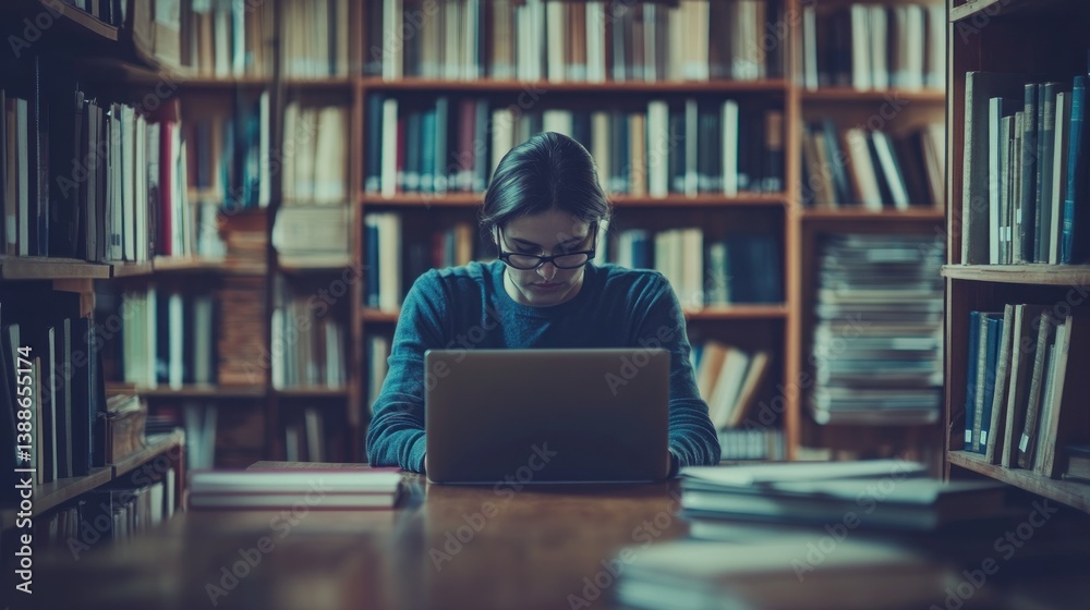 Student Studying with Laptop in Library Surrounded by Bookshelves Student Studying with Laptop in Library Surrounded by Bookshelves
