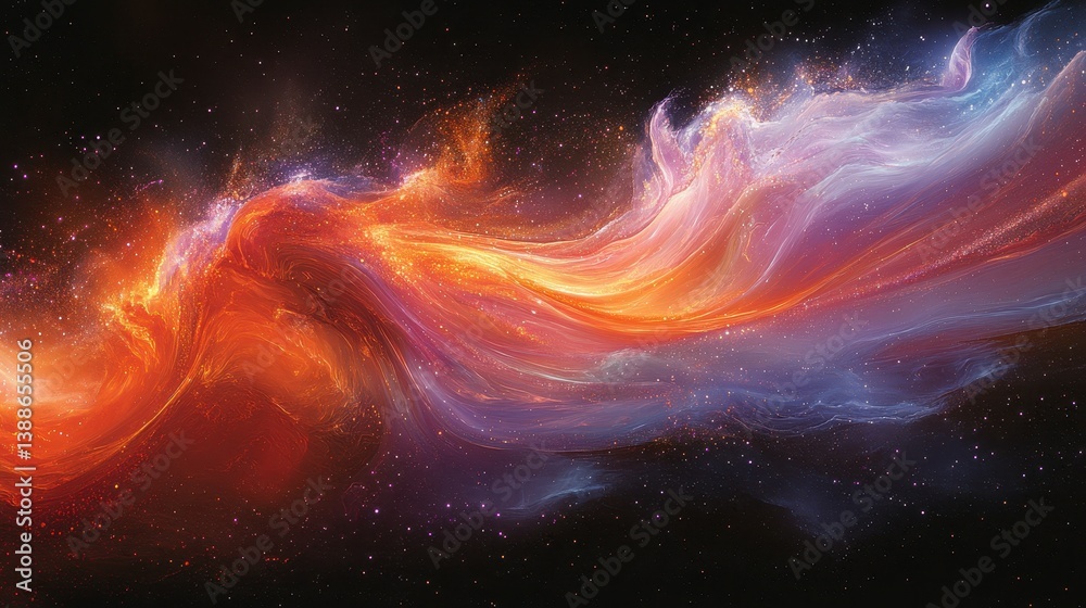 Obraz premium Swirling nebula of vibrant colors. Celestial gas clouds in fiery red, orange and ethereal blue