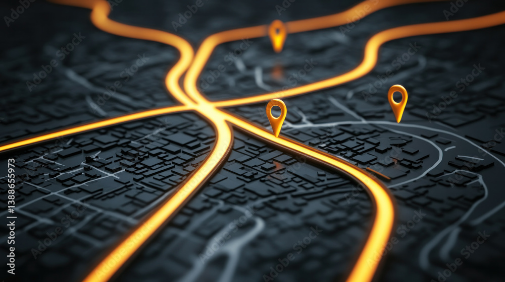 custom made wallpaper toronto digitalA black and orange road map with three yellow pins on it. The pins are placed at the intersections of the roads