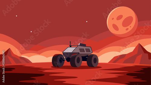 Planetary Rover on Mars A rugged fourwheeled rover traversing a rocky red terrain with a large cratered planet in the sky above and distant mountains on the horizon.
