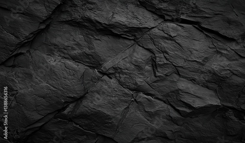 Textured Black Stone Wall Featuring Unique Patterns and Dramatic Shadows
