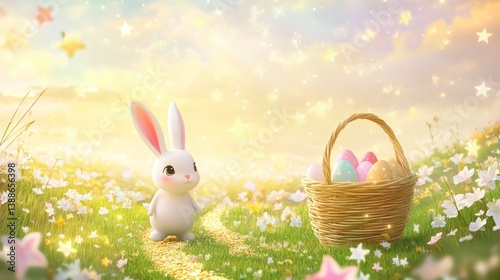 Wallpaper Mural Adorable Easter Bunny and Basket of Eggs in Dreamy Flower Meadow Torontodigital.ca