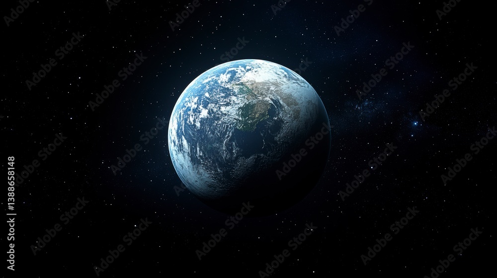 Earth Planet view from space, showing continents, oceans, clouds, and stars on a black background Earth Planet view from space, showing continents, oceans, clouds, and stars on a black background